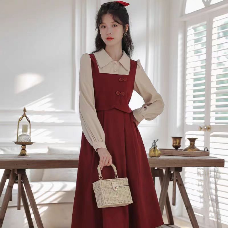 Dress Gaya Feminin Klasik dengan Dress Wanita Vintage Dress Maxi Student Kasual dress korea dress ta