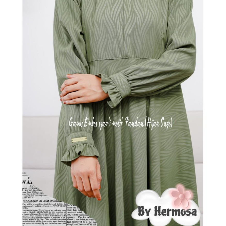 Gamis sage green syari wolfis embos motif pandan-gamis hermosa syari - XL