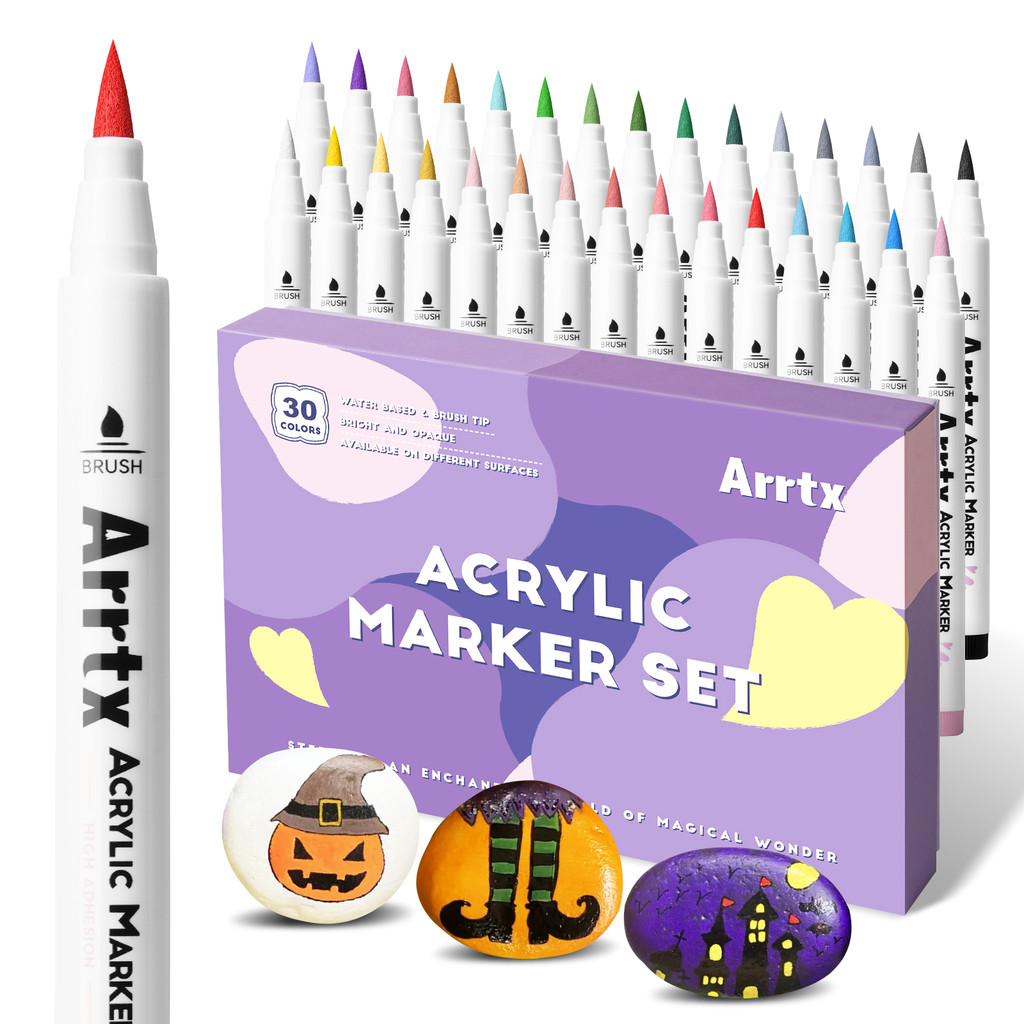 

Arrtx 30/32/36 Colors Acrylic Paint Marker Brush Tip Pens for Rock Stone Ceramic Porcelain Mug Wood Fabric Canvas Marking Pens