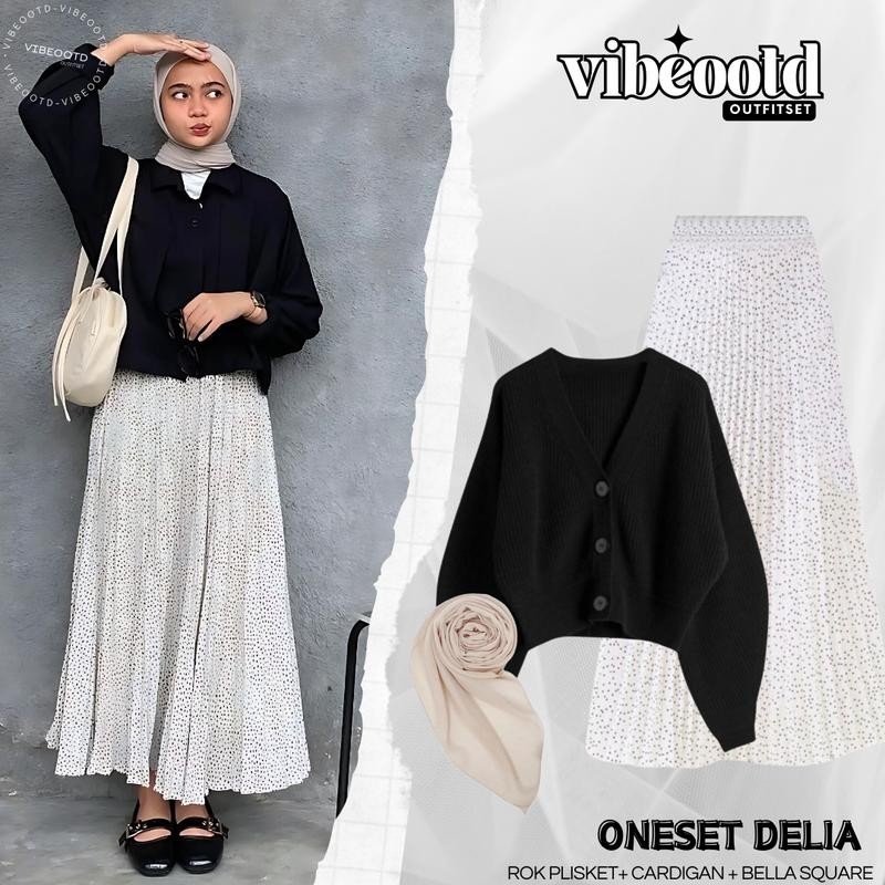 Delia Outfit Set Wanita Hijab ( Bawahan Rok Plisket Motif Panjang + Atasan Cardigan Rajut Hitam + Be