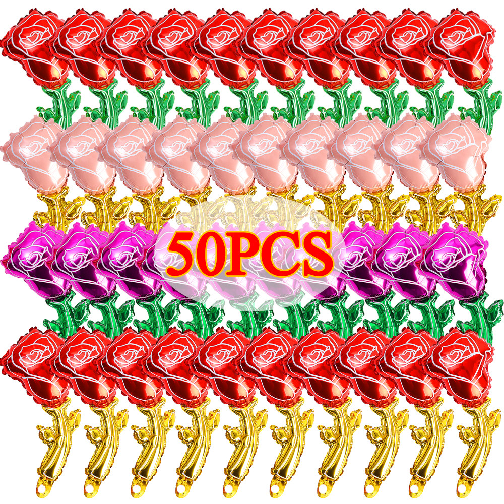 

5-50Pcs Aluminum Film Rose Balloon Valentines Day Artificial Rose Bouquet Proposal Wedding Ceremony Party Decoration Supplies