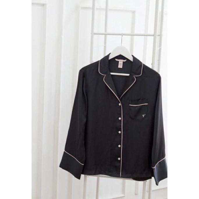 PR Set Piyama Victoria Secret Satin Tebal Pajamas List FT - TOP HITAM SAJA, L