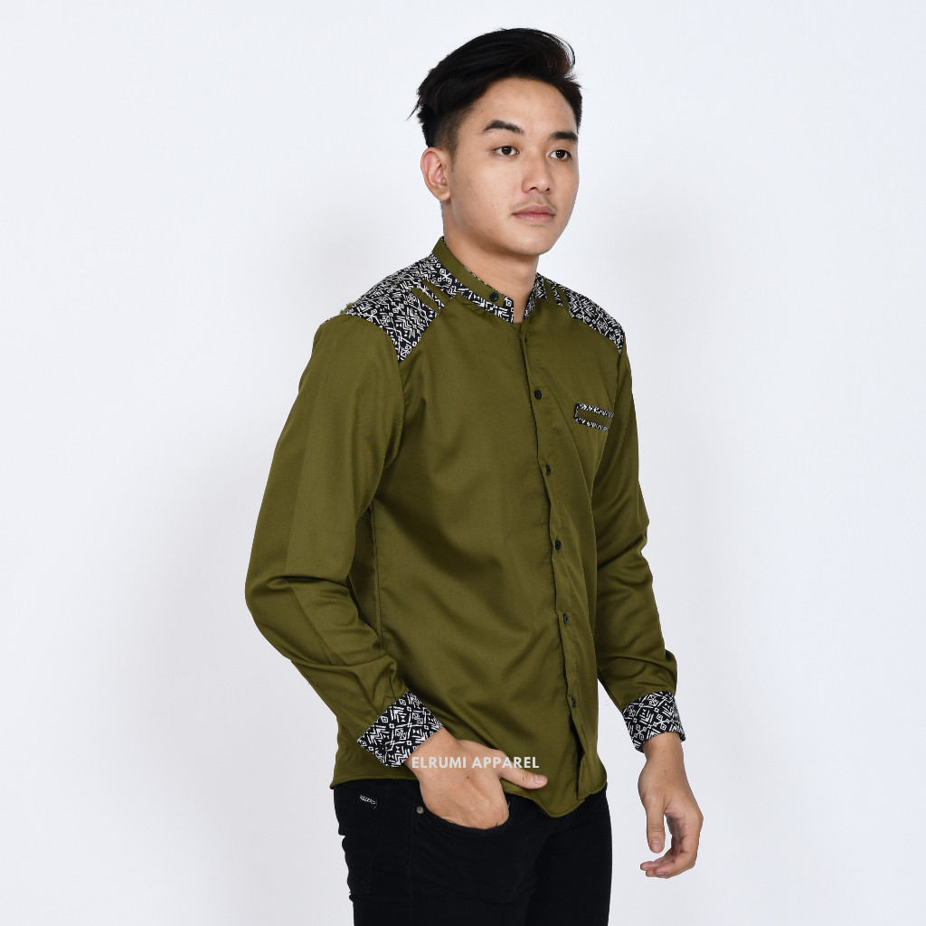 Kemeja cowok Koko modernBaju Koko Pria Lengan Panjang Warna Hijau Army Kombinasi Batik Motif Adidism