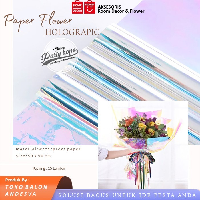 [isi 15] Kertas Buket Hologram / Kertas Paper Wrapping Flower Cellophane Hologram Metalik Mengkilap