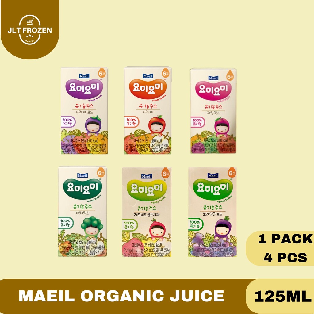 

Maeil Yummy Yummy Organic Juice / Jus Organic Rasa Apple Pear & Grape / Apple & Pear / Mixed Fruit / Mixed vegetable / Red Beet & Golden apple / Purple Carrot & Grape 125ml 1 Pack / 4 Pcs