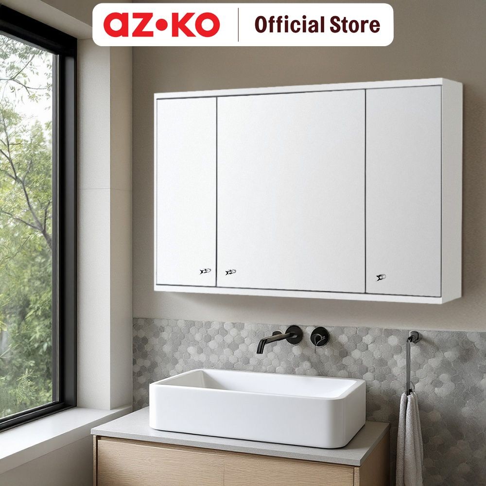 AZKO Fosa Kabinet Dinding Kamar Mandi 3 Pintu Dengan Cermin - Putih Organizer Serbaguna Rak Sabun Sh