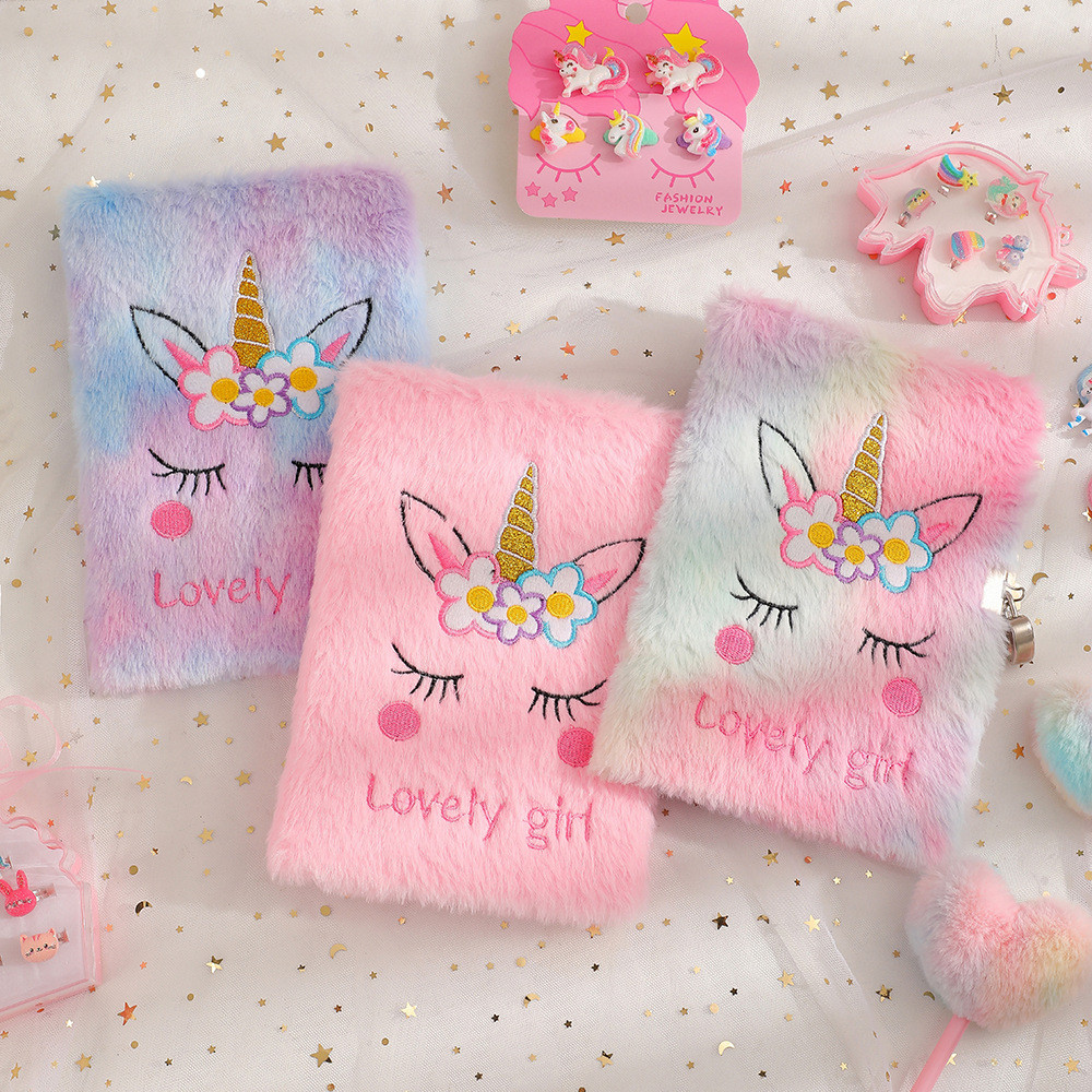 

Children's A5 Cartoon Unicorn Plush Notebook with Lock Cute Student Writing Diary Holiday Gift Notebook