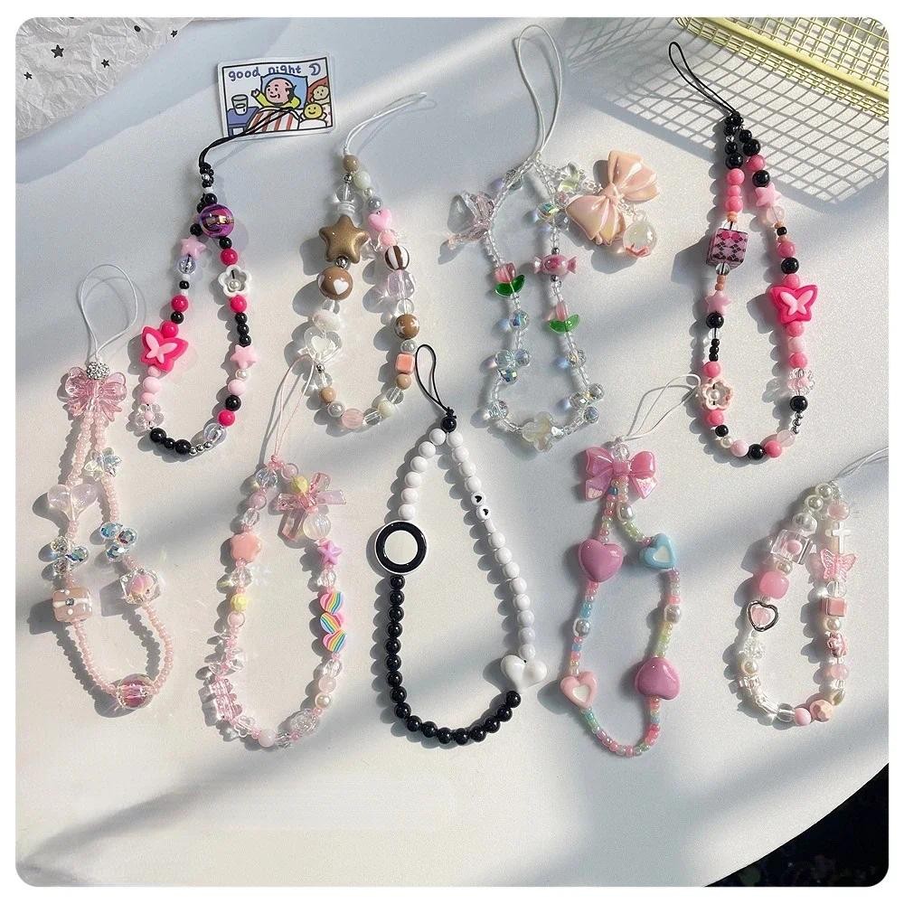 Fashion Phone Chain for Women Lovely Beaded Strap Cellphone Keychain Bowknot Butterfly Heart Phoneca