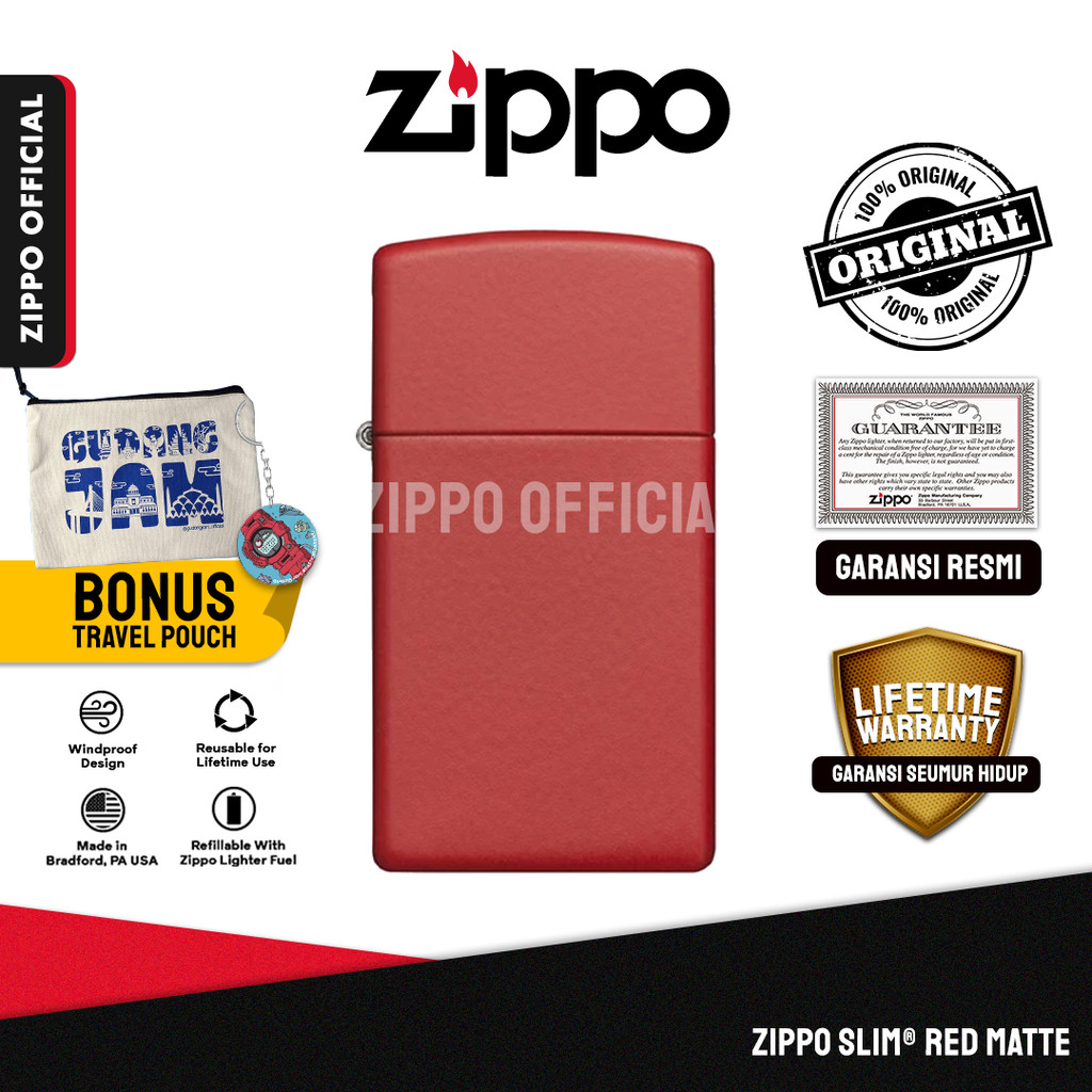 Zippo Slim® Red Matte 1633 | Garansi Lifetime | Original USA