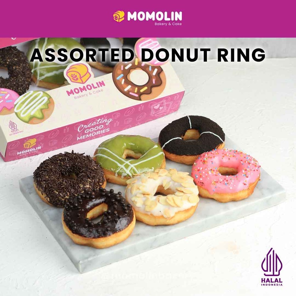 

Momolin Bakery Assorted Ring Donut - Donat Ring - Donat Premium - Donat Ring Banyak Rasa - Paket Donat