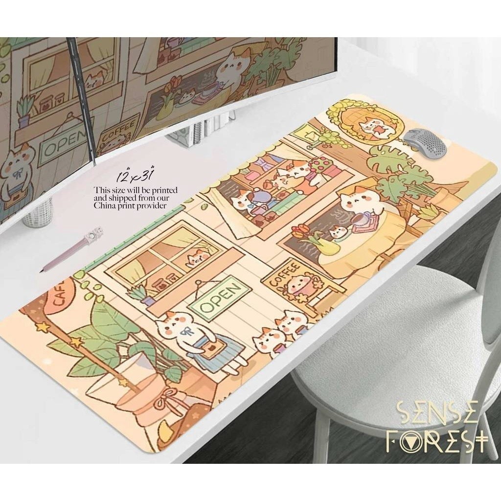 Kawaii Cat Cafe XXL Desk Mat, pastel aesthetic cute kitty coffee shop gaming mouse pad, Japanese str