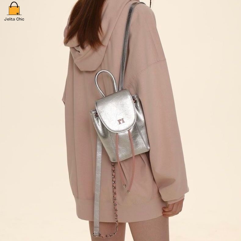 [ COD✅ ] JelitaChic Tas Bahu Wanita Pola Kulit Rantai Warna Kontras Tas Ransel Mini tas ransel wanit