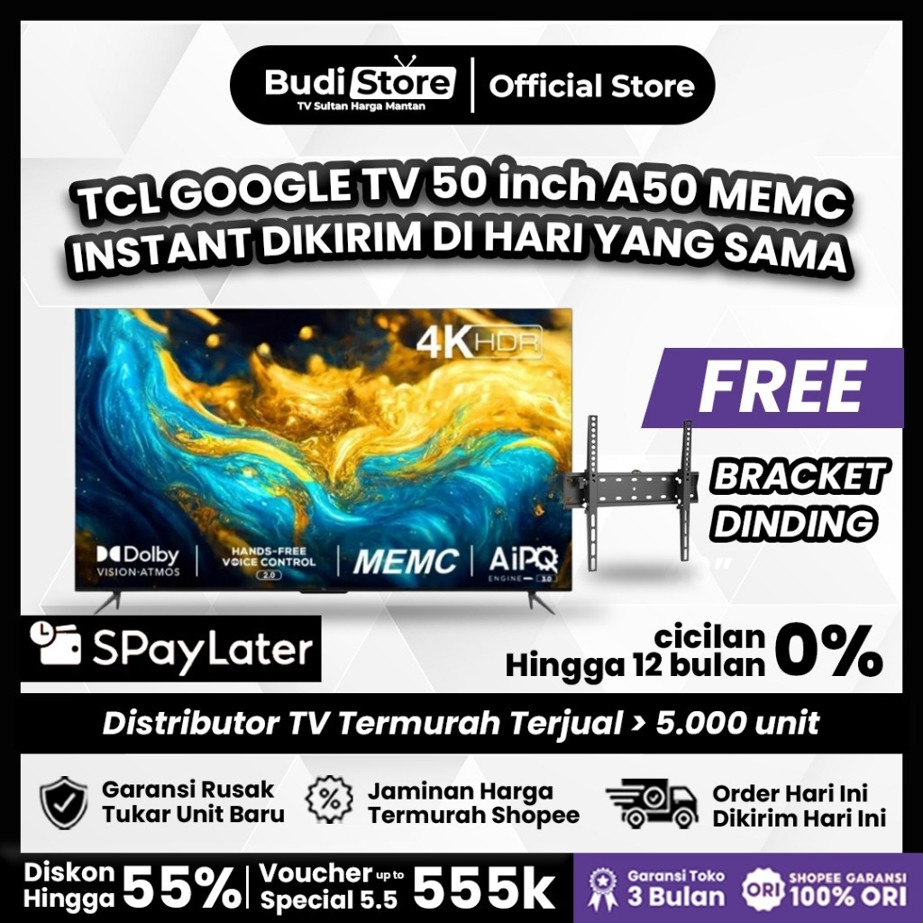 TCL Android TV 50 inch 50A50 + FREE BRACKET DINDING 100% ORIGINAL | GOOGLE TV | Android TV 50 inch