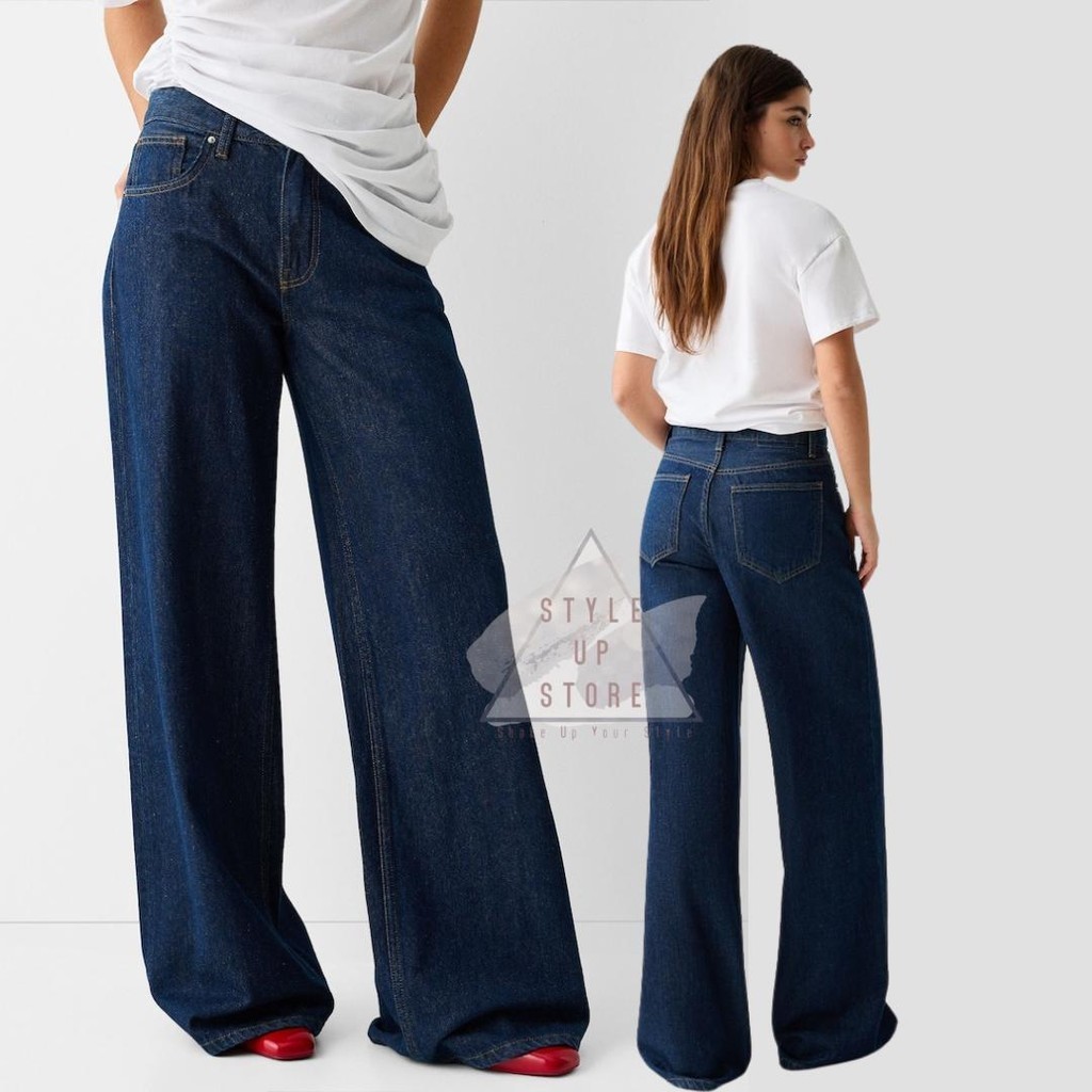 [ STYLEUPSTORE ] BERSHKA Denim Jeans Women Wide Leg - Celana Panjang Jeans Cutbray Highwaist