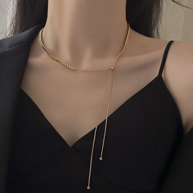 Golden Jewelry - Kalung Anti Karat Titanium Wanita Perhiasan Cewek Anti Luntur Model Korea Serut Sis