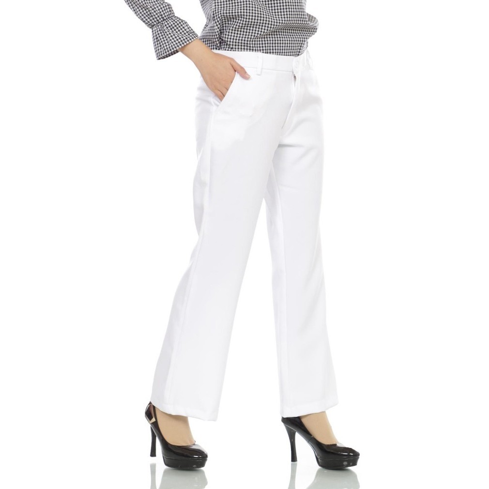 DISKON SALE Celana Jumbo Kerja cutbray Wanita Panjang, Celana Bahan Kantor Formal - Putih, XL