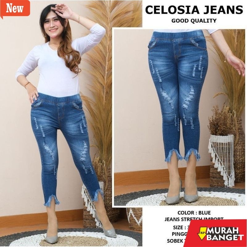 Denim Panjang Wanita Celosia Jeans 7/9 Sobek Tidak Tembus Pinggang Karet