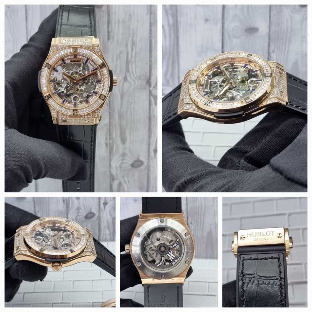 JAM TANGAN PRIA HUBLOT BIG BANG CLASSIC FUSION SKELETON ROSE GOLD FULL DIAMOND AUTOMATIC JAPAN  41MM