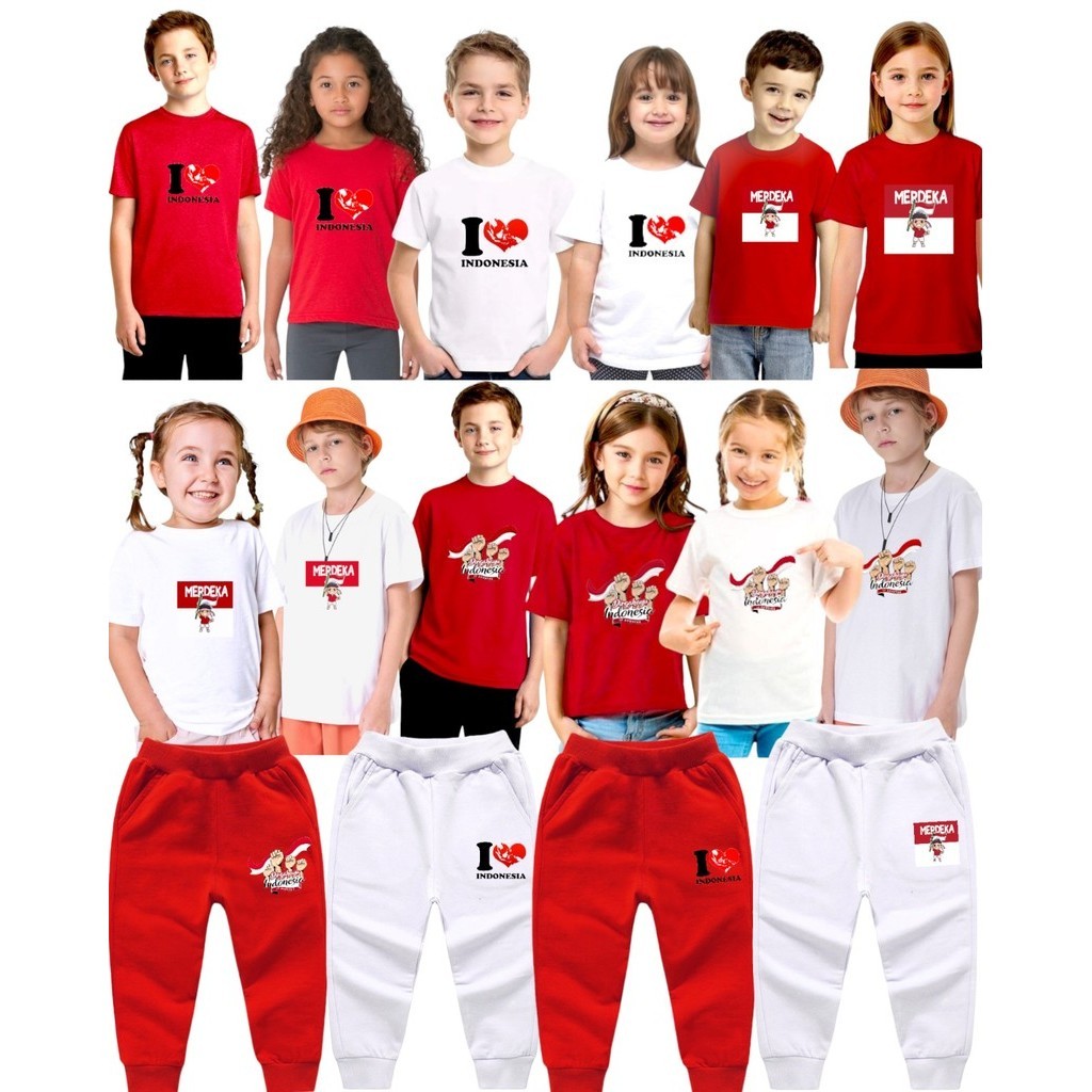 MALVIN Baju Kaos Anak Indonesia Merdeka/Baju Merah Putih/Celana Merah Putih/TSHIRT Merah Putih