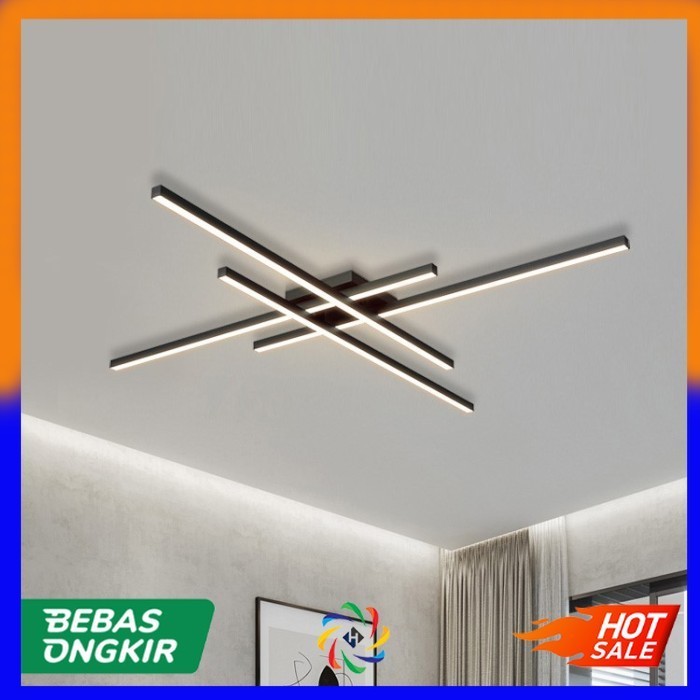 Lampu Plafon Minimalis LED Chandelier 4 Strip 3 Color Remote 120cm