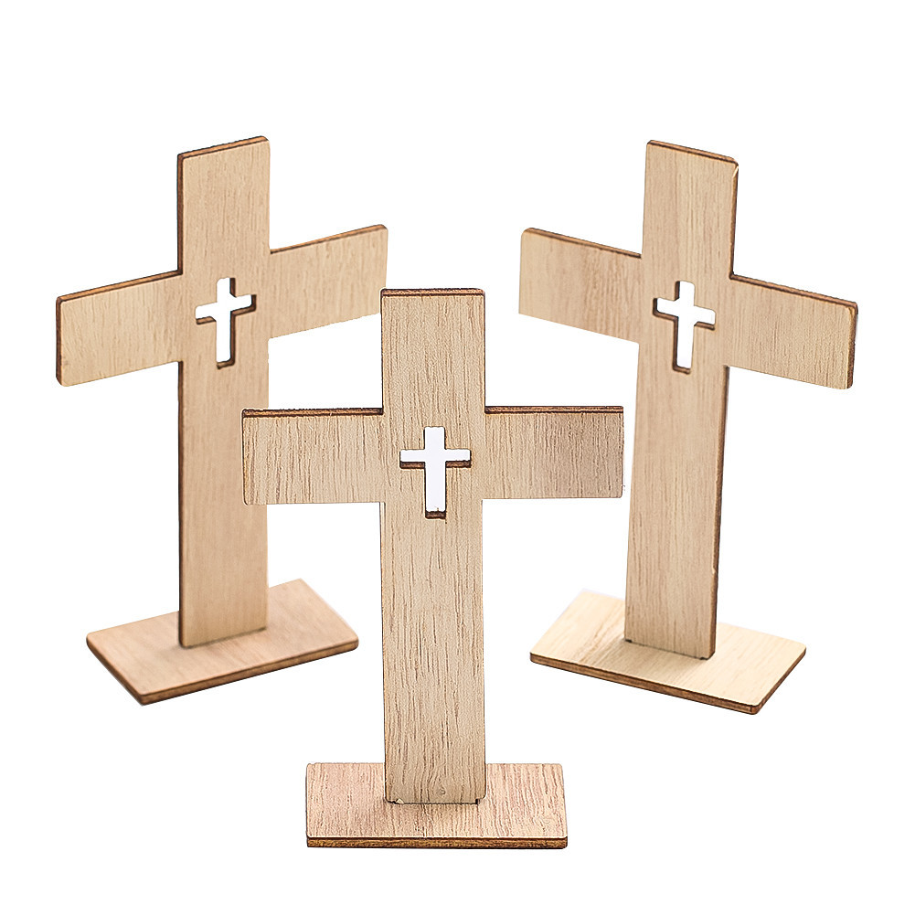 12PCS Wooden Crosses Standing Candlestick Projection Jesus Crucifix Christian Baptism Table Centerpi