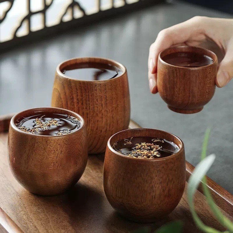Cangkir Kayu Kreatif Jepang Cangkir Teh Anti Panas Kayu Solid Set Teh Cangkir Kayu Nordic