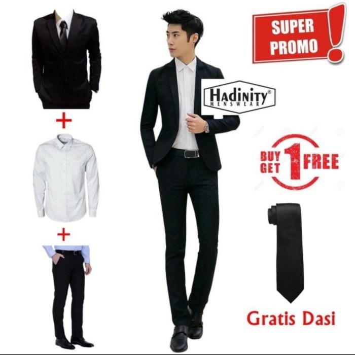 SETELAN JAS CELANA KEMEJA DASI FORMAL PRIA HITAM JAS KAWIN AKAD NIKAH - Hitam, SETELAN S