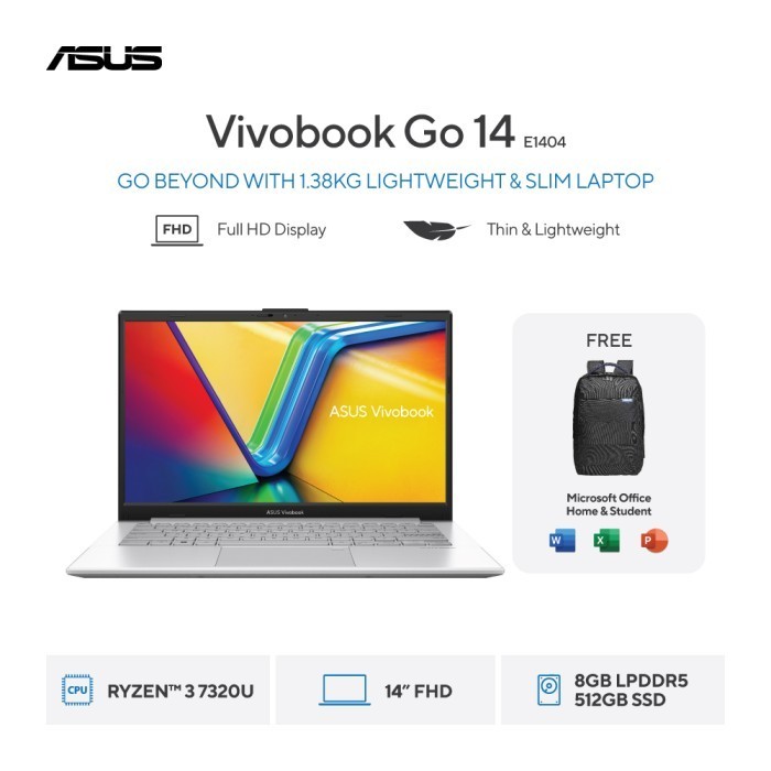 ASUS Vivobook Go 14 E1404FA-FHD3853M - Cool Silver [AMD Ryzen 3 7320U / AMD Radeon Graphics / 8GB / 