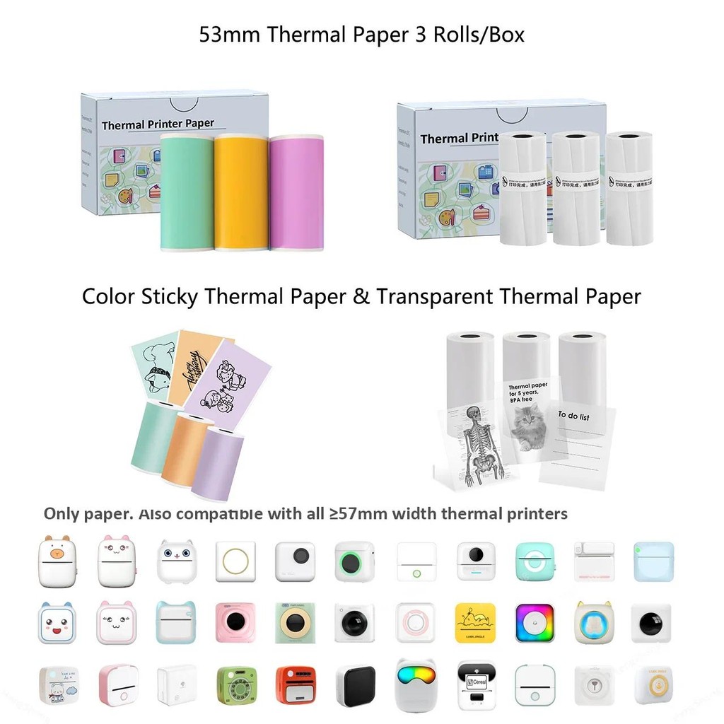 

53MM Mini Thermal Printer Transparent Stickers Paper, Multicolor Photo Printer Labels Paper For Photo Journal Notes Memo