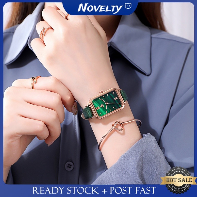 Jam Tangan Wanita Kotak Retro Jam Tangan Sabuk Jam Tangan Kuarsa Hijau Kecil