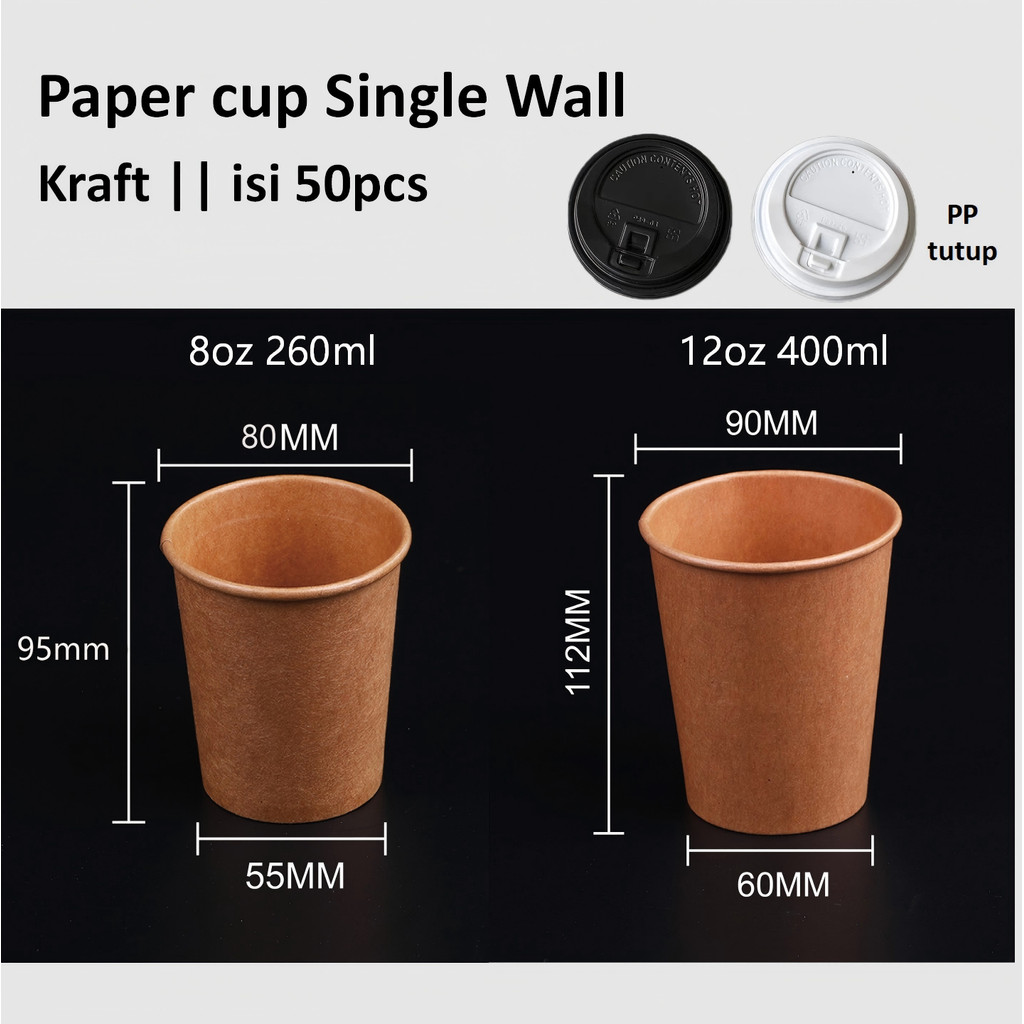 [50PCS]Paper cup Kraft Single Wall 8oz 12oz +Tutup  / Gelas Kertas Kraft  8oz 12oz/ Heat Resistant P