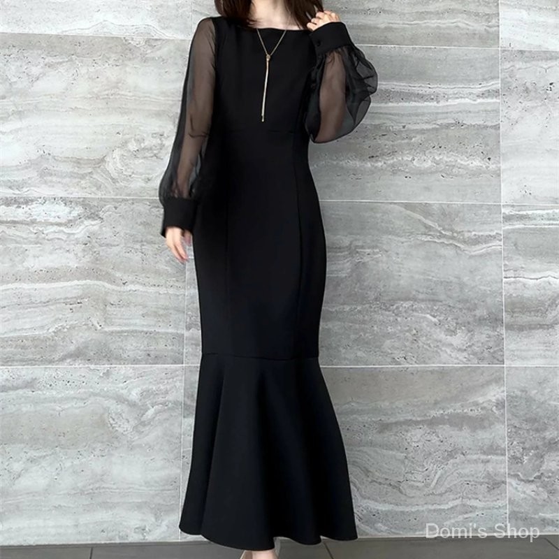 Korean Style Long Sleeve Organza Sleeve Patchwork Dress Long Dress Mermaid Dress