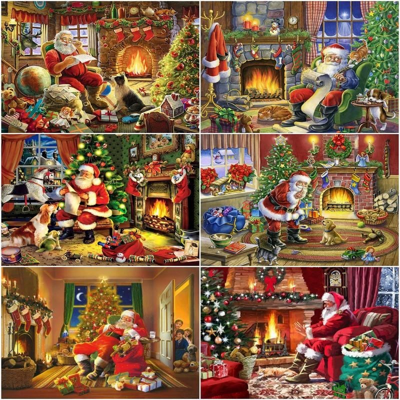 

CHENISTORY Painting By Number Fireplace Christmas Tree Landscape Drawing On Canvas Handpainted Art Gift Diy Santa Claus Kits Hom