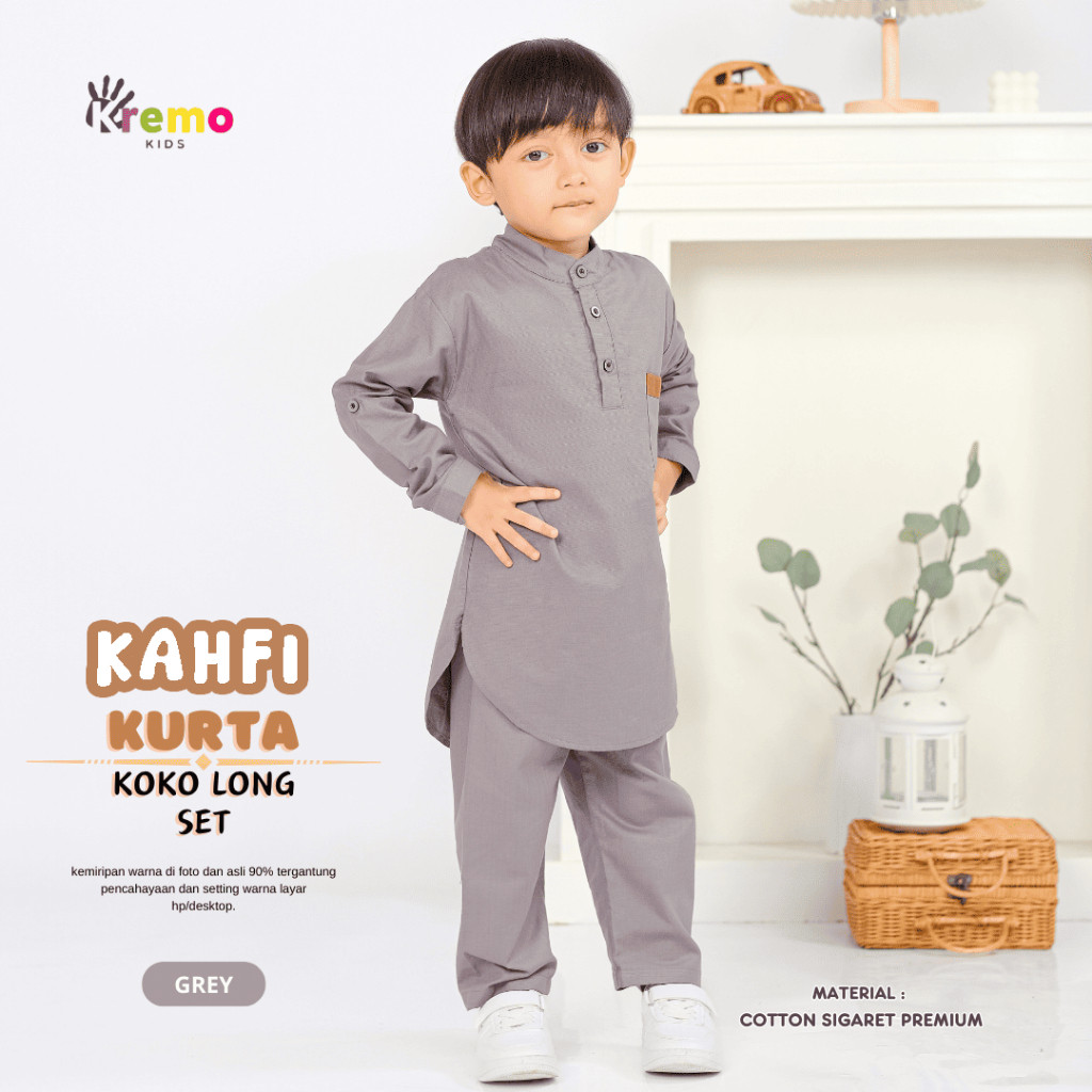 Kremo Kids - Baju Koko Kurta Panjang Anak Laki Laki Kahfi Series 1 - 12 Tahun (Grey)