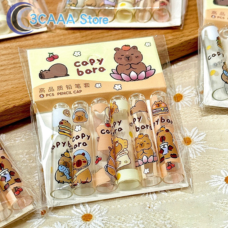 

6pcs Pack Capybara Pencil Cap For Pupil Transparent Protects Pencil Tip Japanese Kawaii Stationery Cute Stuff Back To School