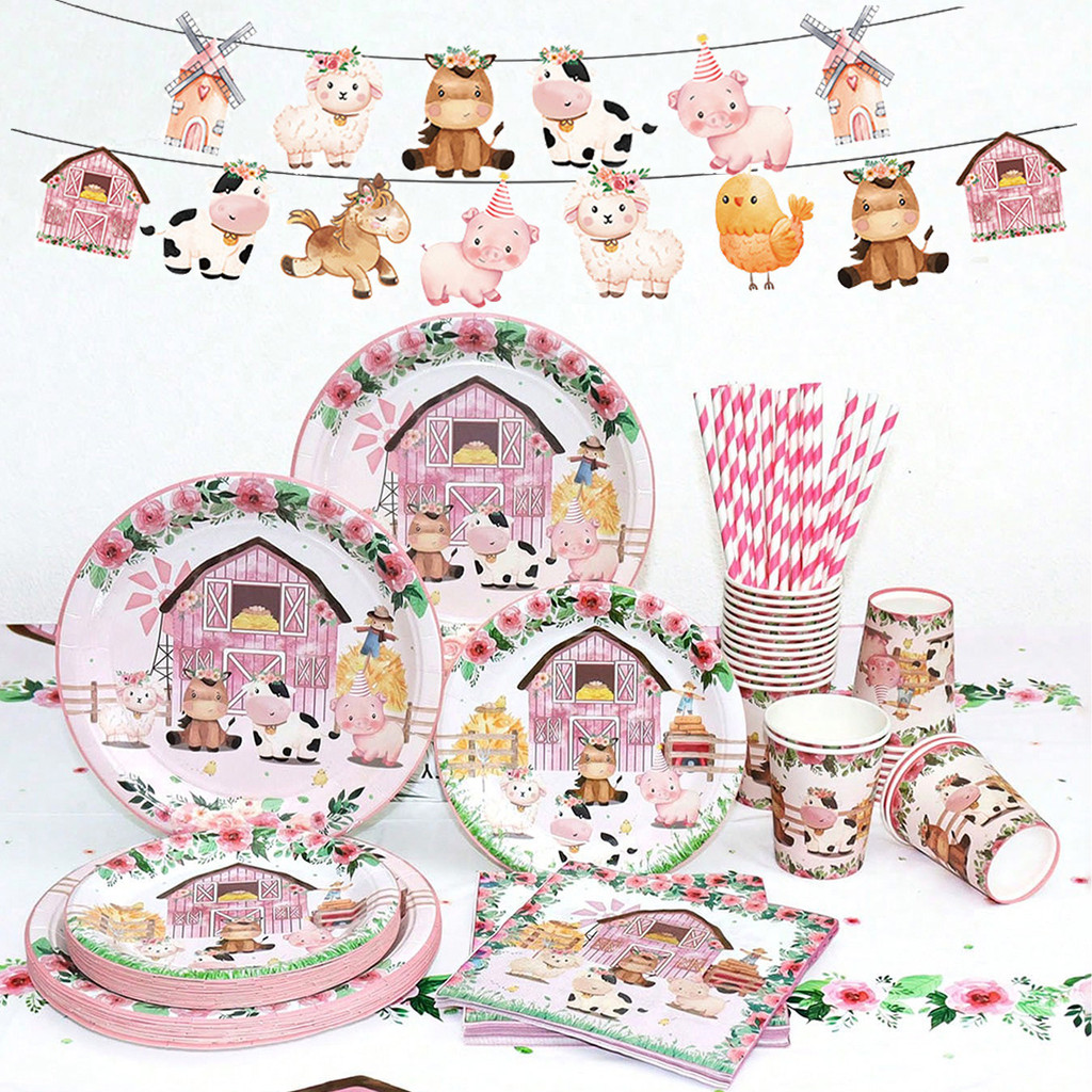 

Pink Farm Animals Birthday Decor Disposable Tableware Set Paper Banner Floral Plates Baby Shower Girl Birthday Party Decorations