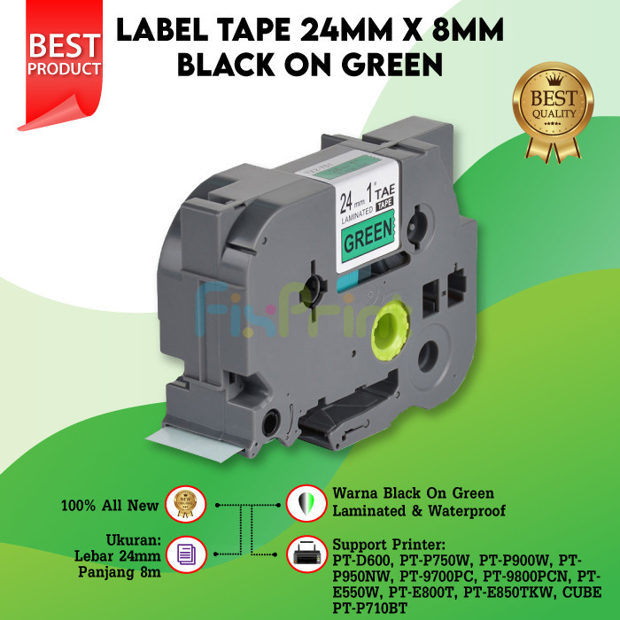 

Compatible Label Tape Laminated TZE-751 24mm X 8m Black On Green Cassette Printer Bro PT-9800PCN PT-P750W PT-P900W PT-P950NW PT-9700PC PT-E550W PT-E800T PT-E850TKW PT-P710BT