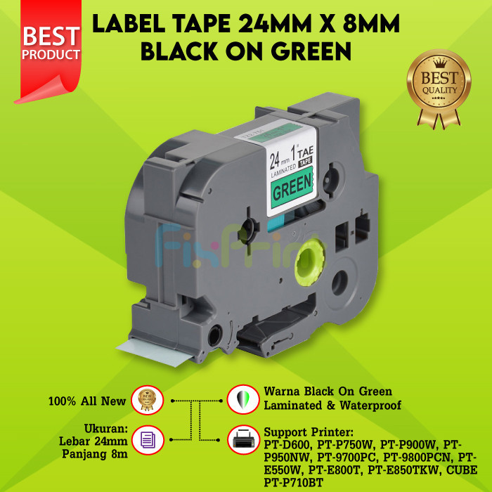 

Label Tape 24mm Black On Green TZe-751 TZE-751 Laminated Casette Compatible