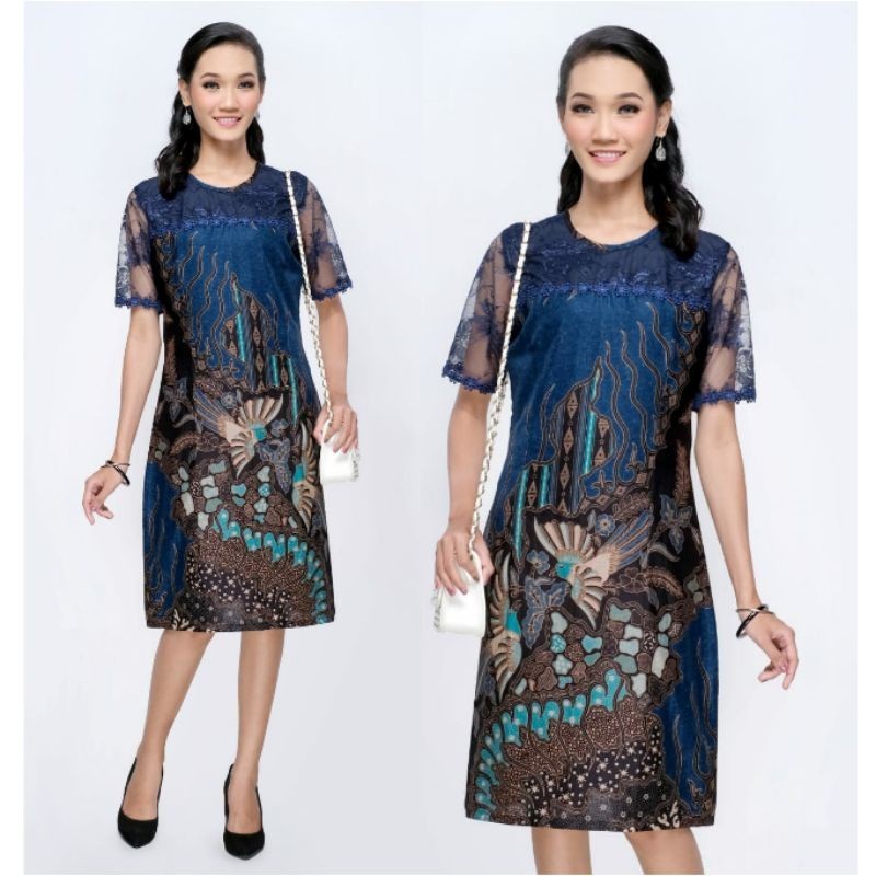 Dress Wanita Jumbo Batik Modern Terusan Tunik Kombinasi Brokat Big Size M L XL XXL 4L 5L NGK/ BATIK 