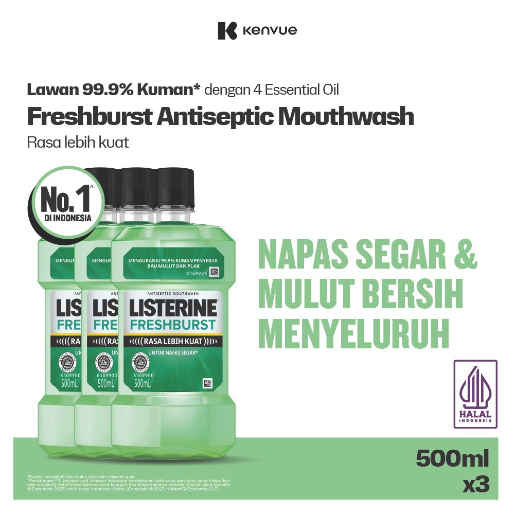 LISTERINE Fresh Burst Antiseptic Mouthwash / Obat Kumur Antiseptik 500ml - Isi 3