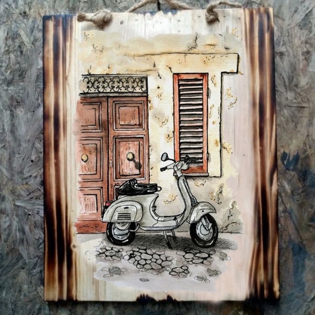 Hiasan Dinding Vintage Lukisan Kayu Vespa Putih Dekorasi Cafe