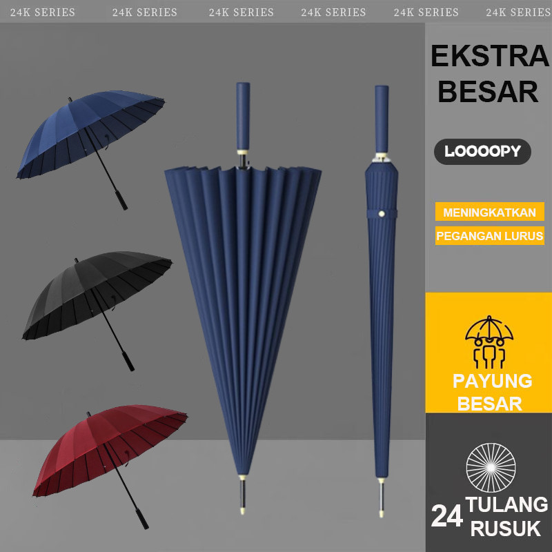 LOOOOPY Payung Besar Jumbo Golf Jari Fiber Premium Quality 24 Ruas Tulang Payung