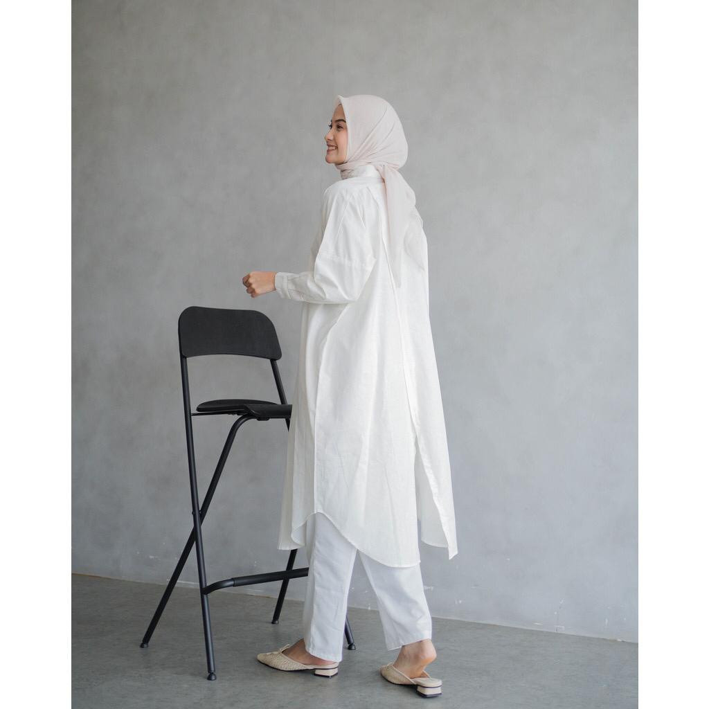 Amalia Long Tunik Linen Jumbo Wanita Kekinian Atasan Kemeja Tunik Polos Belah Belakang Terbaru/ GAMI