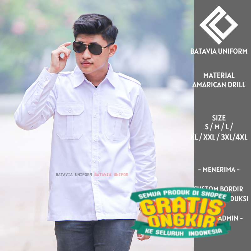 Baju PDL Pria Lengan Panjang - Kemeja Seragam Kerja Dinas Lapangan PDL PDH Putih Bahan American Dril