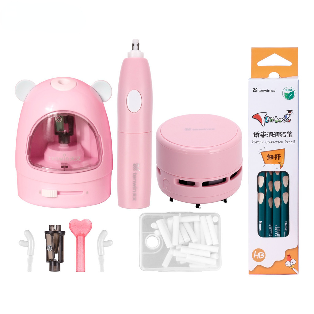 

tenwin Electric Pencil Sharpener Eraser Vacuum Cleaner Set Stationery Set Battery Operated with 50 Eraser Refills for Kids