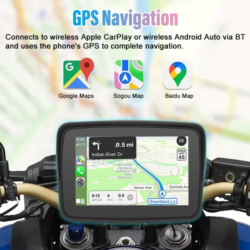 Navigasi GPS mobil 5 inci GPS sepeda motor GPS tahan air IP67 tampilan Carplay sepeda motor nirkabel