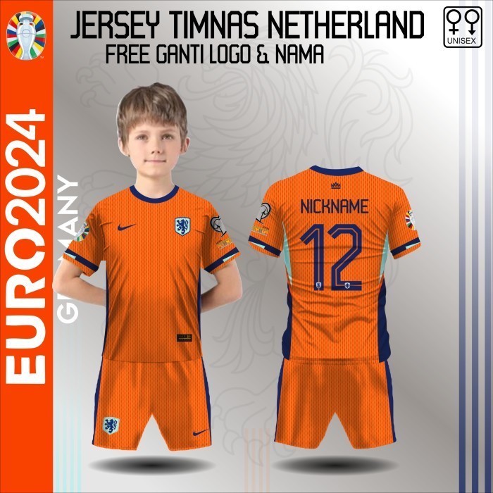 Setelan jersey anak kaos sepak bola timnas belanda baju piala eropa jerman 2024 - Orange, 0