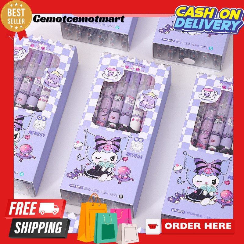 

[Cmt] (12pcs) Pen Jel Cetak Bisa Hapus/gelpen Tinta Hitam Bolpoin Gel Erasable/ Kuromi Black 0.5mm Pulpen Gel Tinta