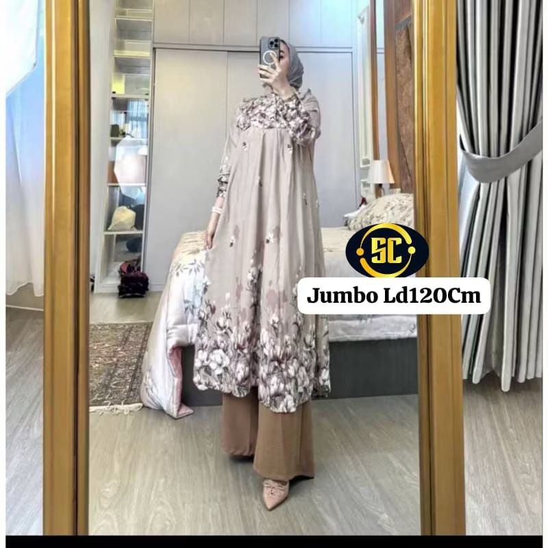 [PROMO MURAH] ONESET LONG TUNIK JUMBO WANITA FLOWER STELLA MELLIN SONIA RAYON KOMBINASI CRINKLE TERL