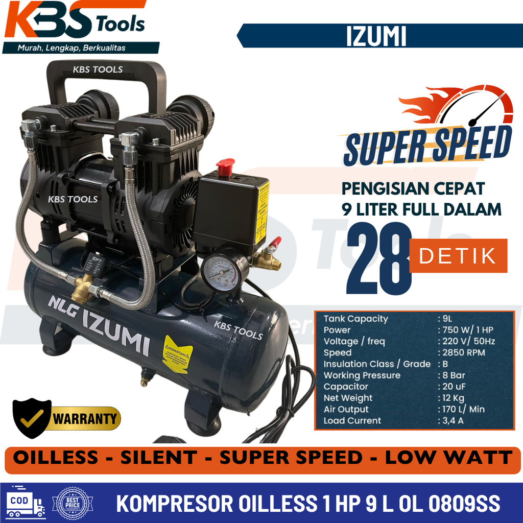 Mesin Kompresor Angin Listrik NLG IZUMI OL0809SS Oilless Mini Compressor Portable 1 HP 9 Liter Tanpa